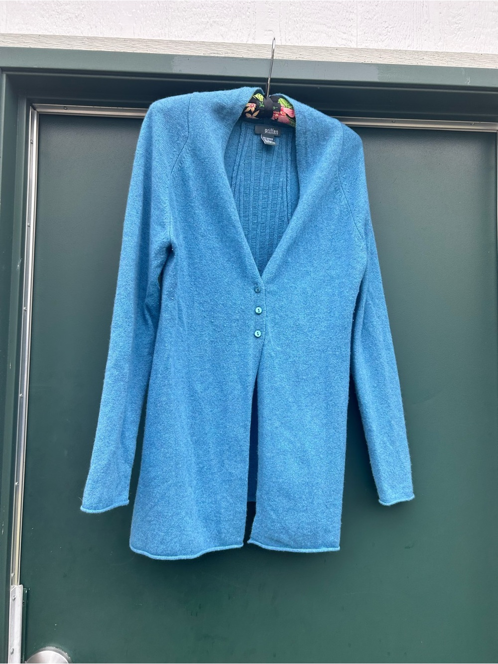 Sky Blue Open-Front Knit Cardigan with Button Detail